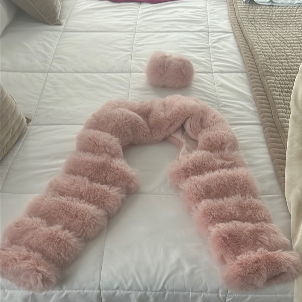 Luxurious Pink Faux Fur Gloves and Scarf Set